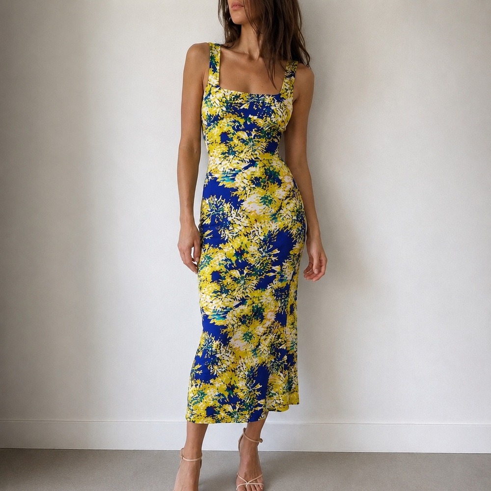 Karen Millen Blue Yellow Floral Maxi Dress Open Back Size 8 Garden Party